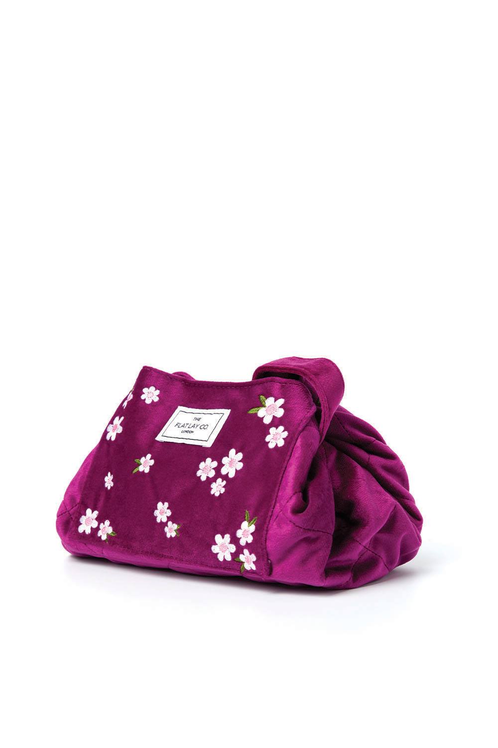 Debenhams Unisex Drawstring Makeup Bag in Embroidered Daisy Plum Velvet